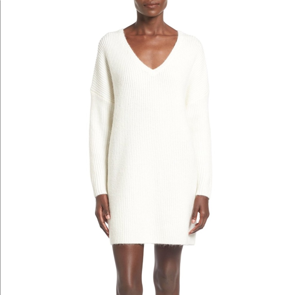 GLAMOROUS V-Neck Sweater Mini Dress in Cream